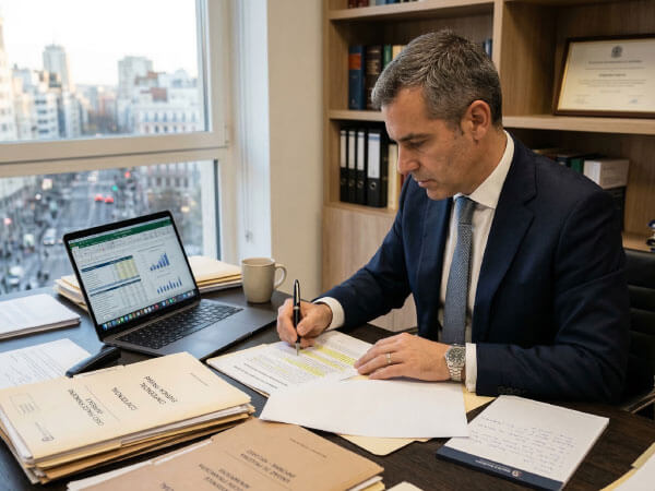 Abogado revisando documentos de un caso de fraude financiero en su despacho profesional