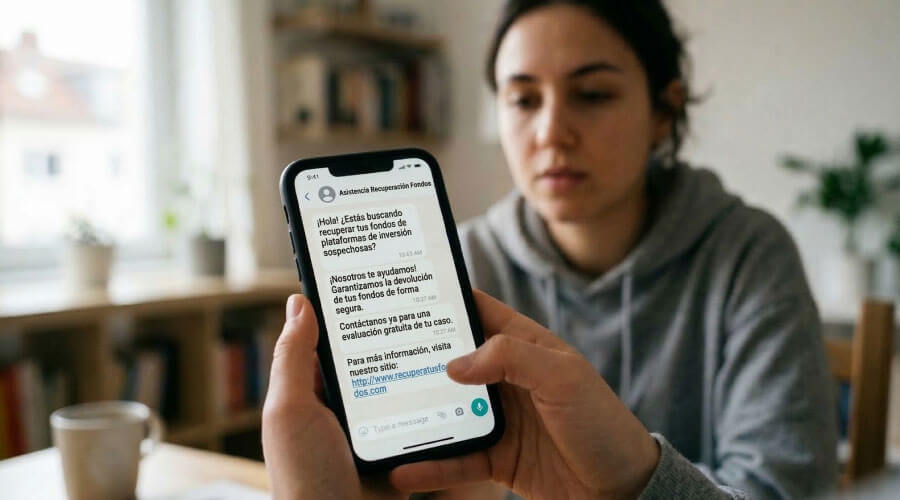 Persona recibiendo mensajes sospechosos en el teléfono ofreciendo recuperar dinero de un fraude