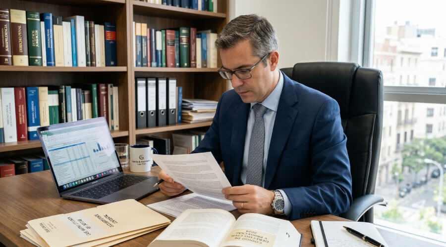 Abogado analizando documentos para determinar el tipo de fraude en un caso legal