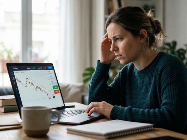 Persona revisando una plataforma de trading sospechosa en su computadora portátil