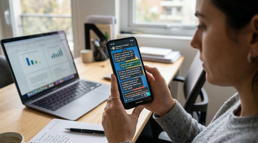 Persona tomando capturas de pantalla de conversaciones en el teléfono para guardar evidencia de una estafa
