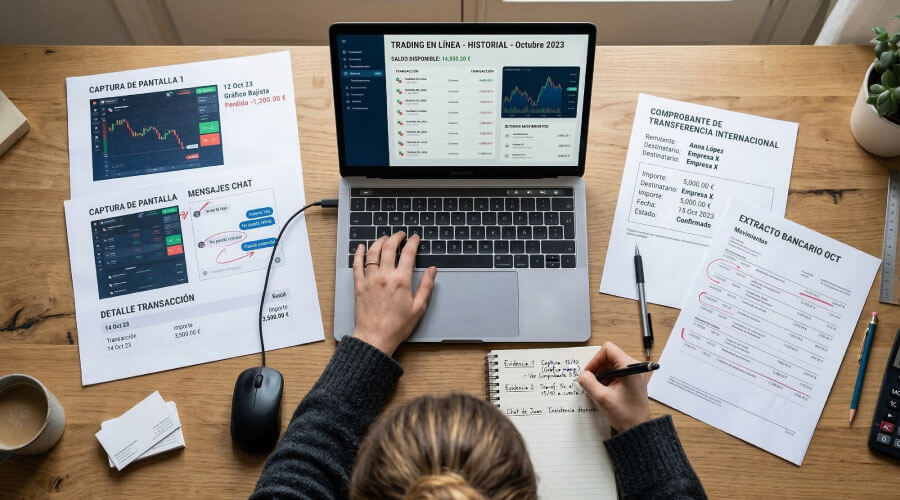 Persona guardando capturas del panel de trading y comprobantes de inversión