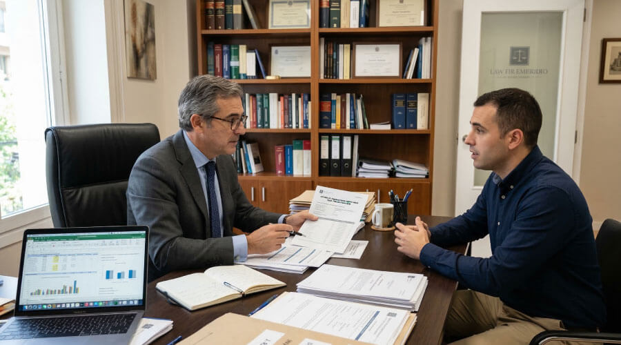 Persona consultando con un abogado sobre un caso de estafa financiera