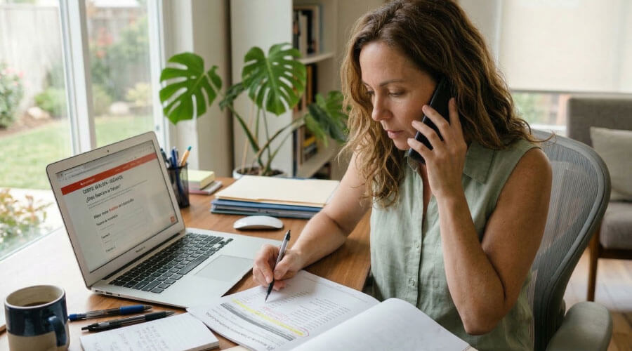 Persona llamando al banco mientras revisa documentos financieros