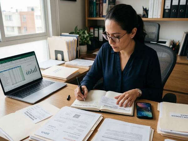 Persona revisando documentos para presentar una denuncia por fraude en Ecuador