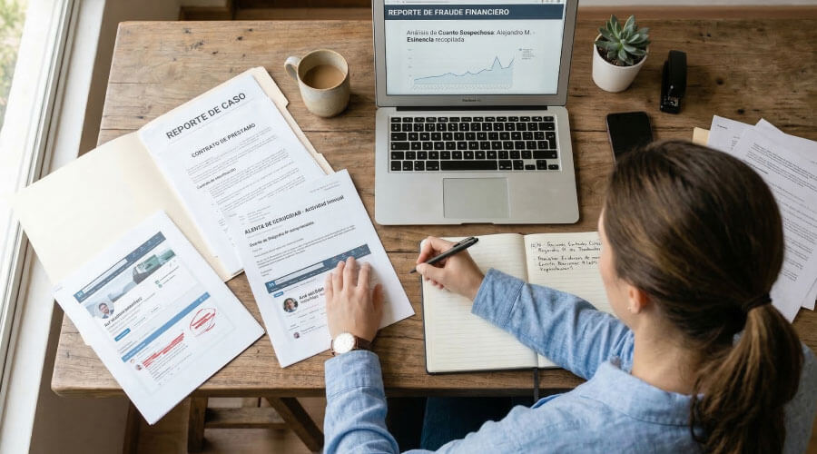 Persona reuniendo documentos y capturas relacionadas con fraude de identidad