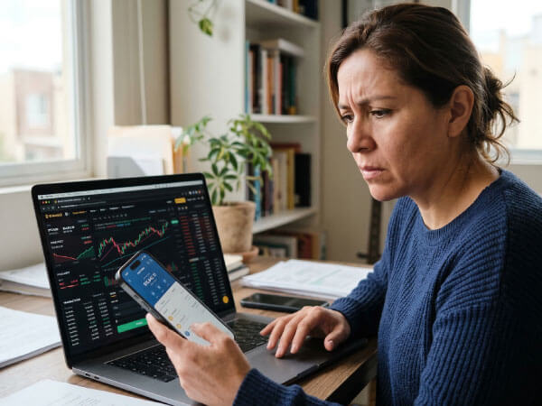 Persona revisando transacciones de criptomonedas en su laptop después de detectar una posible estafa