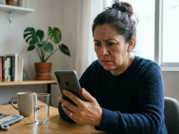 Persona revisando una conversación sospechosa de WhatsApp en su teléfono móvil