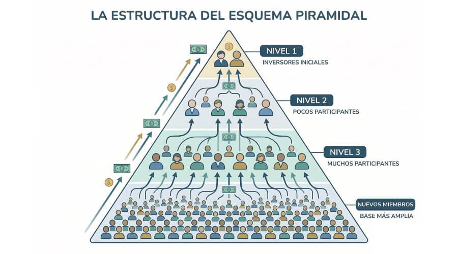 Diagrama conceptual que muestra cómo funciona un esquema piramidal con múltiples niveles de participantes