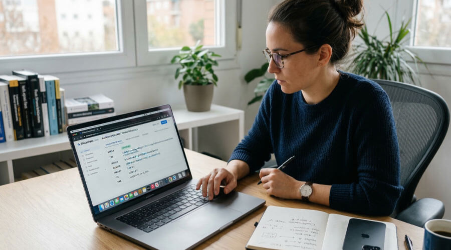 Persona revisando el identificador de transacción blockchain TXID como evidencia de transferencia de criptomonedas