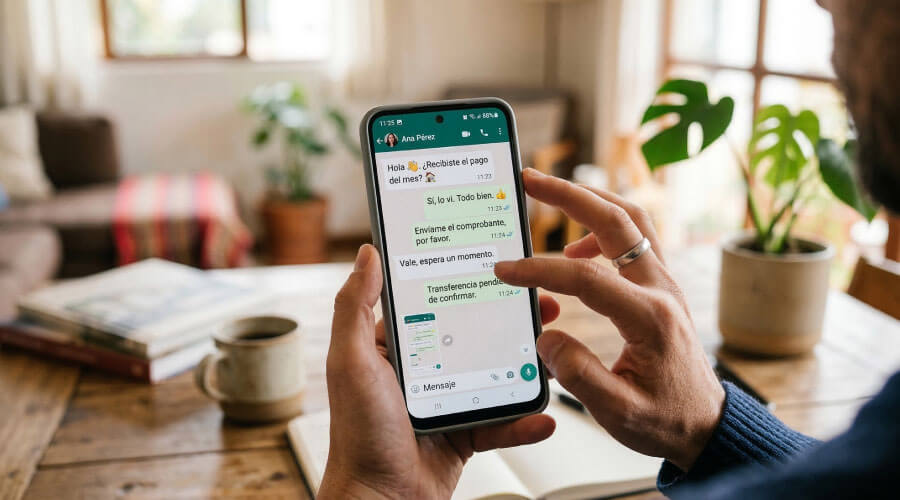 Persona tomando captura de pantalla de una conversación de WhatsApp
