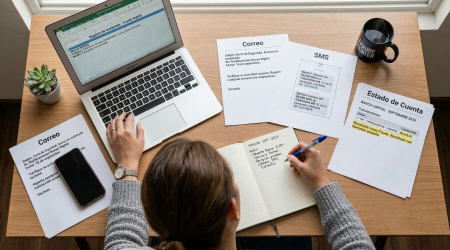 Persona guardando capturas y documentos relacionados con un intento de phishing
