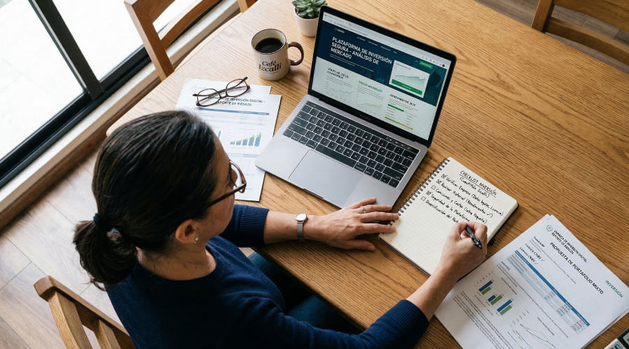 Persona investigando una plataforma de inversión antes de tomar una decisión