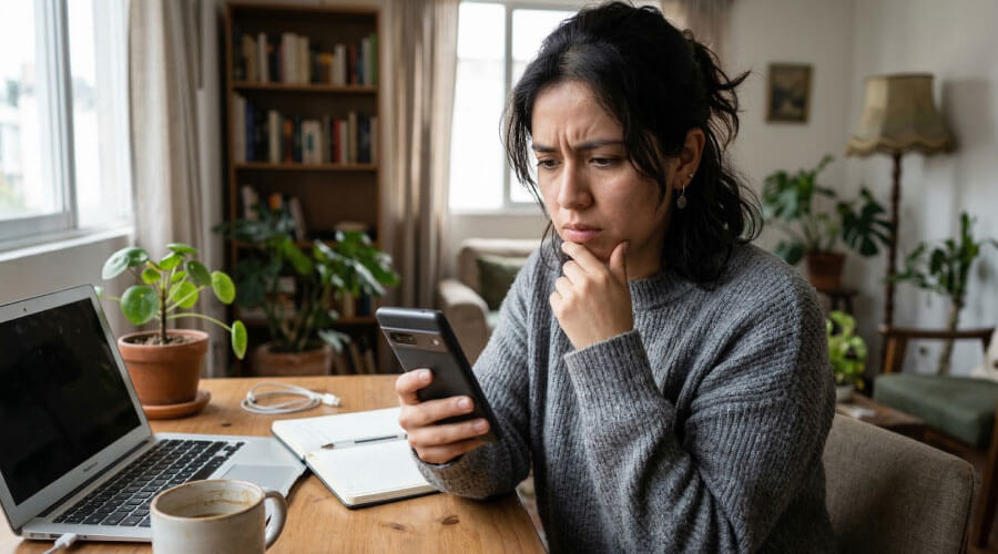 Persona recibiendo mensajes de un supuesto asesor de inversión en su teléfono