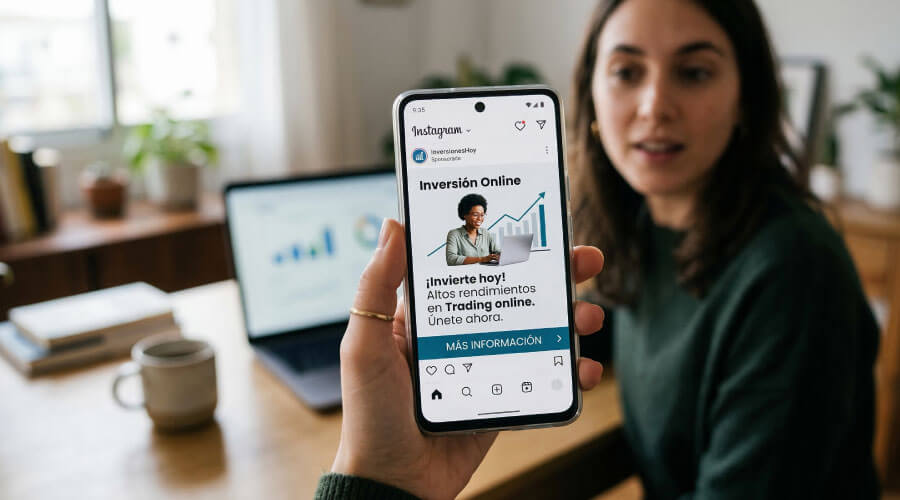 Teléfono móvil mostrando anuncio de inversión sospechoso en redes sociales