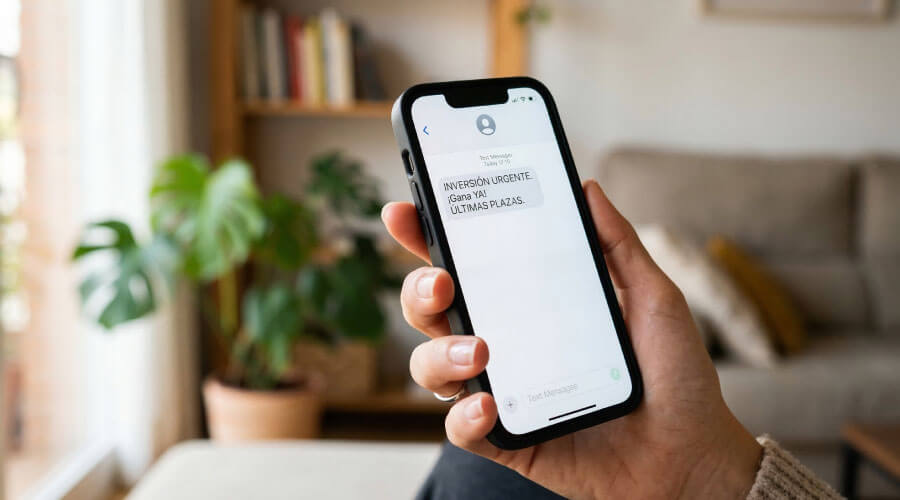 Teléfono mostrando mensaje promocional de inversión con urgencia para depositar dinero