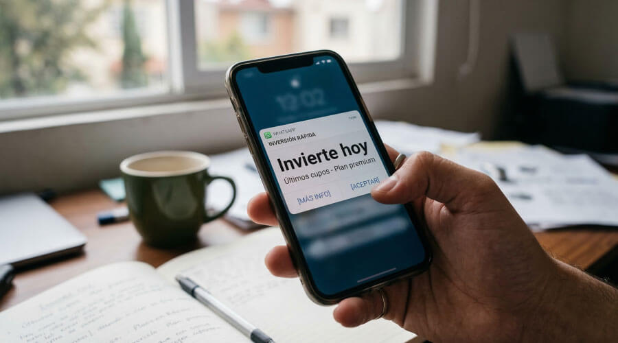 Teléfono móvil mostrando mensaje de inversión con urgencia para depositar dinero