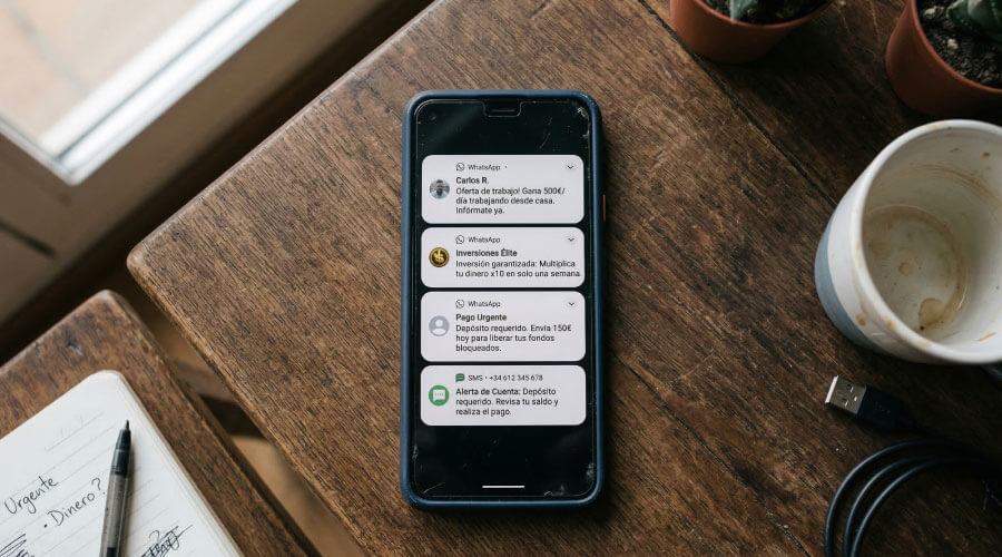Teléfono móvil mostrando mensajes sospechosos relacionados con fraude