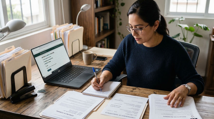 Persona organizando documentos y pruebas para denunciar una estafa financiera
