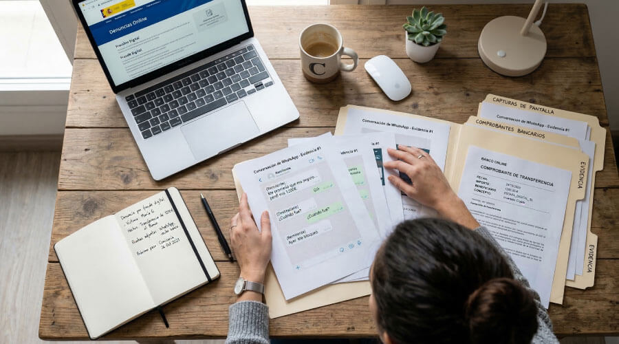 Persona organizando documentos y comprobantes para denunciar una estafa