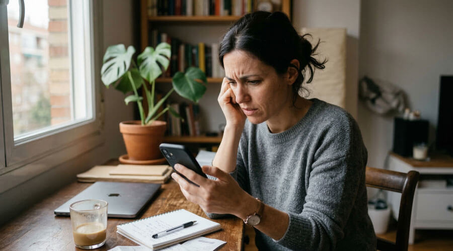 Persona preocupada revisando mensajes en su teléfono tras una posible estafa