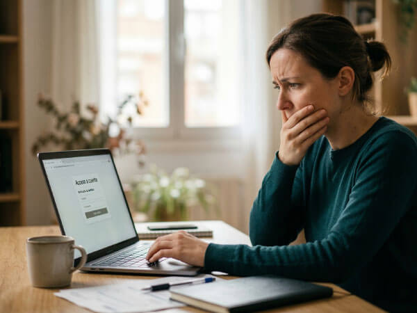 Persona preocupada revisando un enlace sospechoso en su computadora después de ingresar datos personales