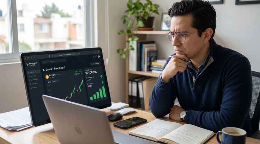 Pantalla de una supuesta plataforma de inversión en criptomonedas mostrando ganancias ficticias