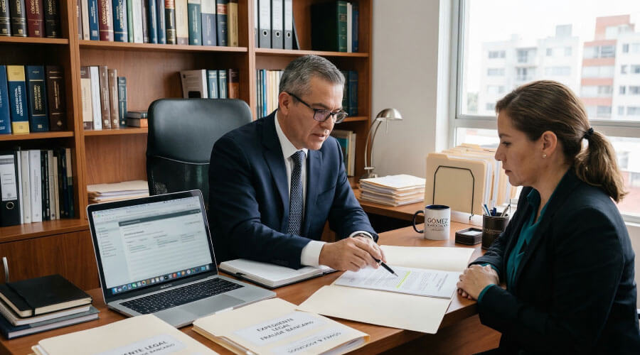 Persona consultando con abogado sobre el proceso de denuncia por fraude en Ecuador