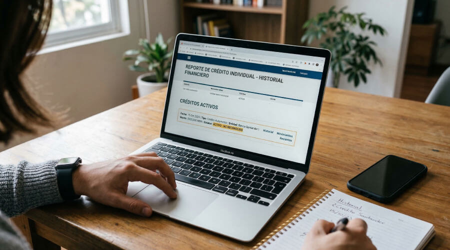 Persona revisando su reporte de crédito en la computadora