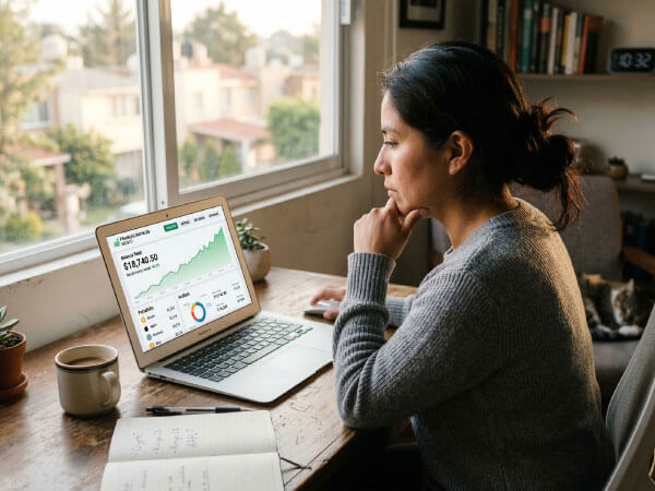 Persona analizando una plataforma de inversión en su laptop con dudas sobre su legitimidad