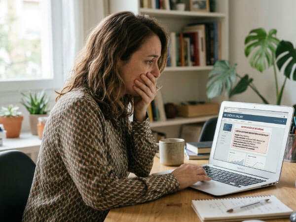 Persona preocupada revisando notificación de crédito desconocido en su computadora