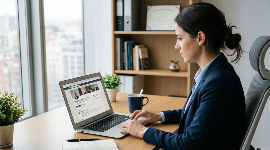 Persona revisando el perfil profesional de un abogado en una computadora para verificar su registro