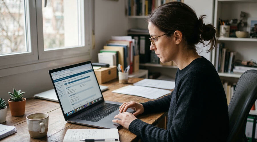 Persona revisando información de una empresa de inversión en su computadora
