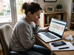 Persona revisando transacciones financieras sospechosas en su laptop después de detectar una posible estafa