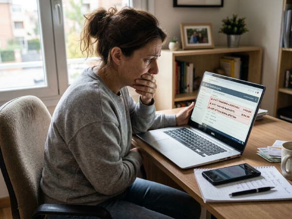 Persona revisando transacciones financieras sospechosas en su laptop después de detectar una posible estafa