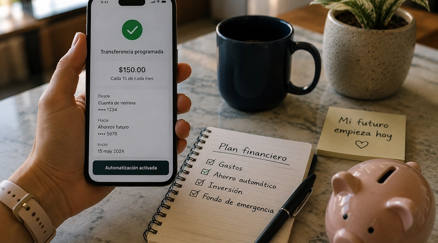 Persona revisando una transferencia bancaria programada mientras organiza un plan financiero con ahorro, inversión y fondo de emergencia.