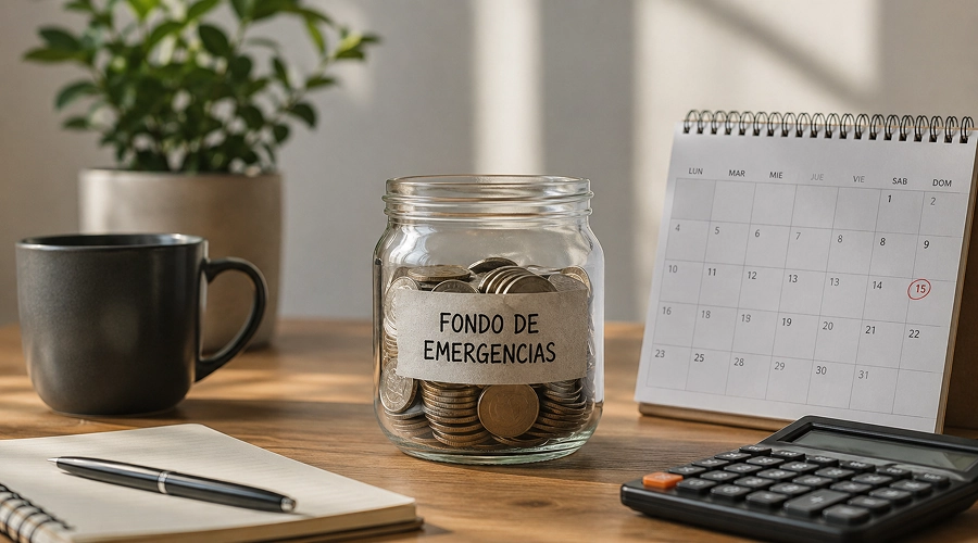Frasco de vidrio con monedas etiquetado como "Fondo de Emergencias" sobre un escritorio con un calendario, calculadora y taza de café.