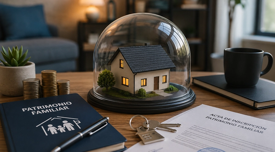 Maqueta de una casa bajo una cúpula de cristal rodeada de documentos legales de patrimonio familiar, monedas y llaves.