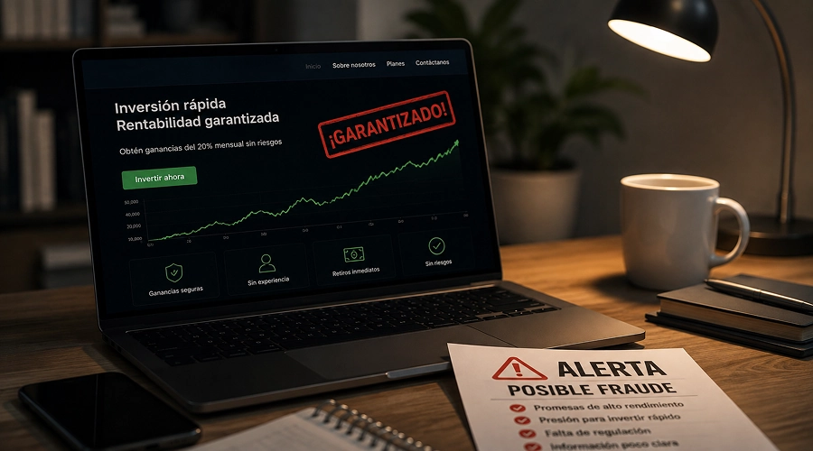 Pantalla de laptop mostrando una oferta de inversión fraudulenta con rentabilidad garantizada, acompañada de un documento de alerta de posible fraude.