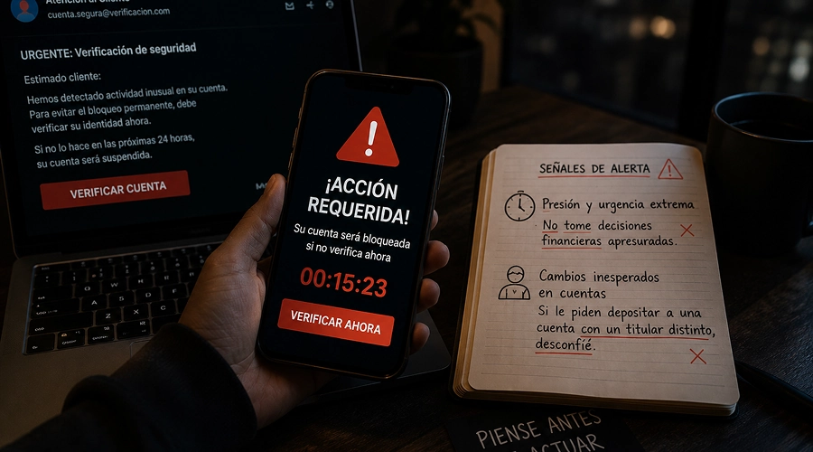 Mensaje de phishing con alerta urgente que solicita verificar una cuenta bancaria y advierte sobre posibles bloqueos.