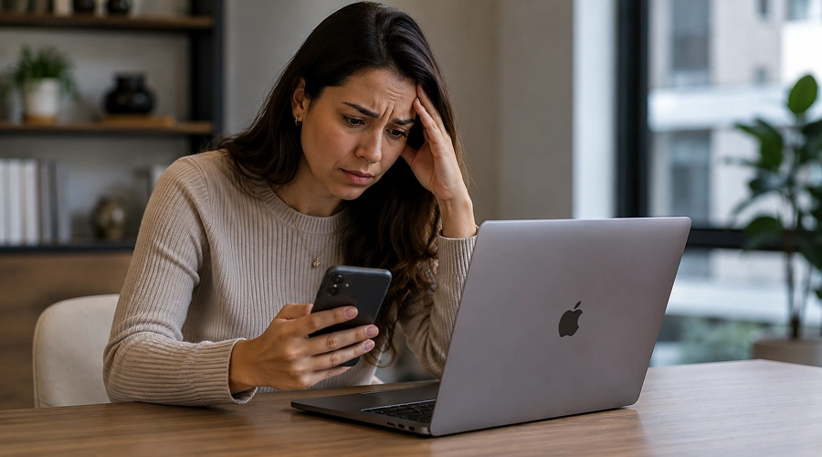 Mujer con expresión de preocupación revisando su teléfono móvil frente a una laptop.