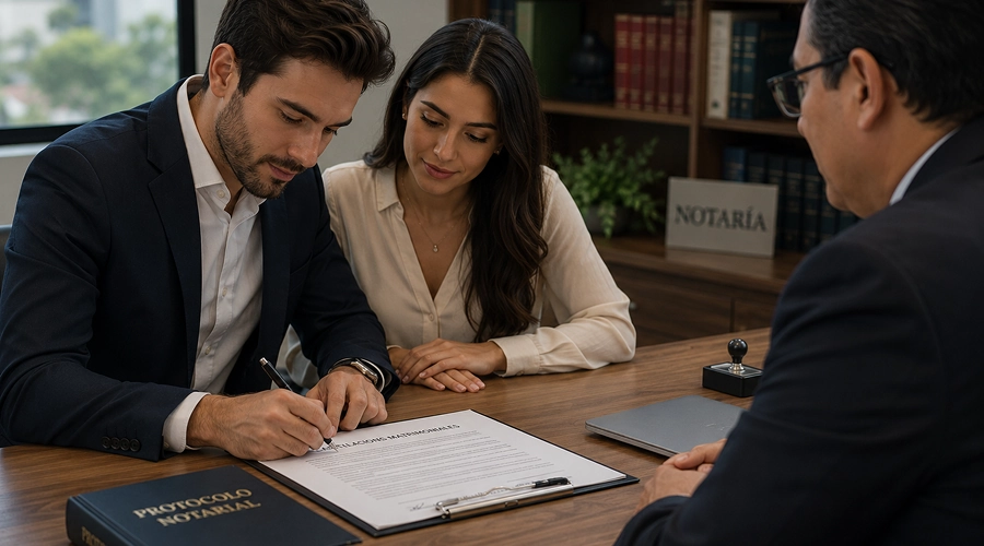 Pareja firmando documentos legales sobre un escritorio de madera ante un notario.