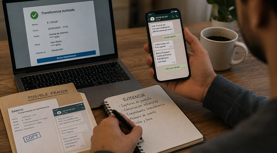 Persona revisando una transferencia bancaria desconocida y recopilando evidencias de posible fraude mediante capturas de pantalla, mensajes de WhatsApp y comprobantes de transferencia.