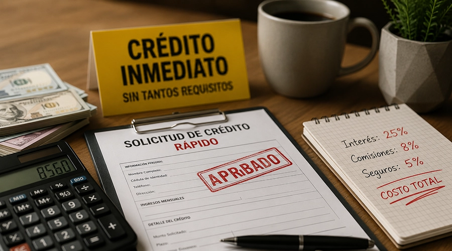 Formulario de solicitud de crédito rápido aprobado junto a un cartel de crédito inmediato, calculadora, dinero en efectivo y notas de costos altos.