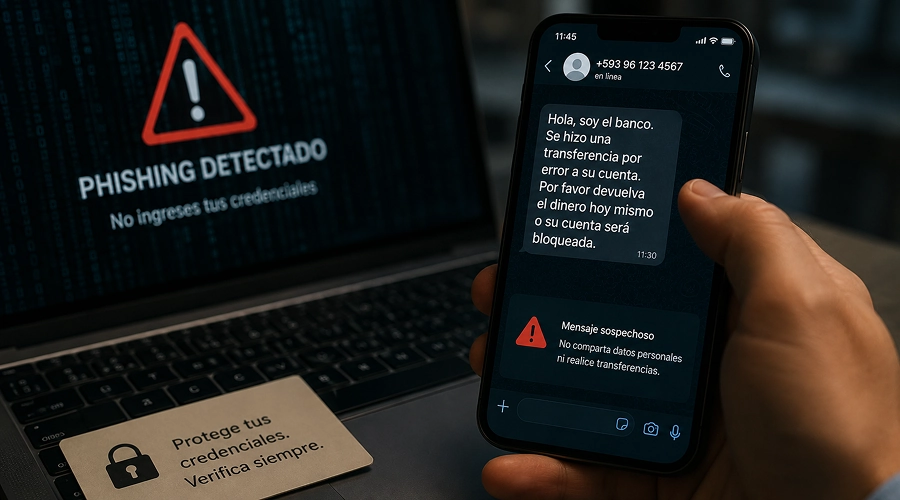 Mensaje sospechoso sobre una supuesta transferencia bancaria, acompañado de una alerta de phishing y recomendaciones para proteger las credenciales.