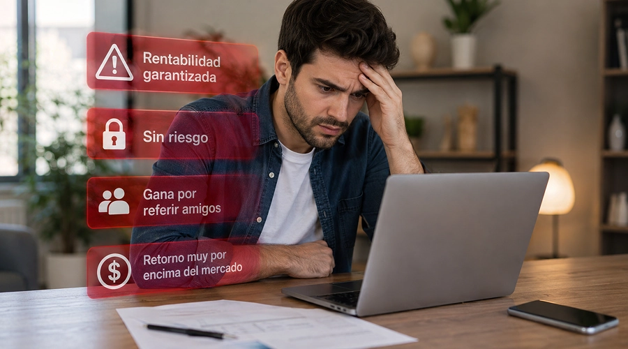 Hombre preocupado frente a su laptop con gráficos flotantes que muestran señales de alerta como rentabilidad garantizada y sin riesgo.