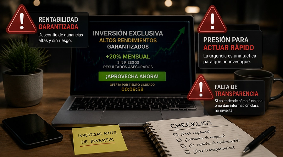 Laptop con una oferta de inversión fraudulenta rodeada de alertas gráficas sobre rentabilidad garantizada, presión y falta de transparencia.