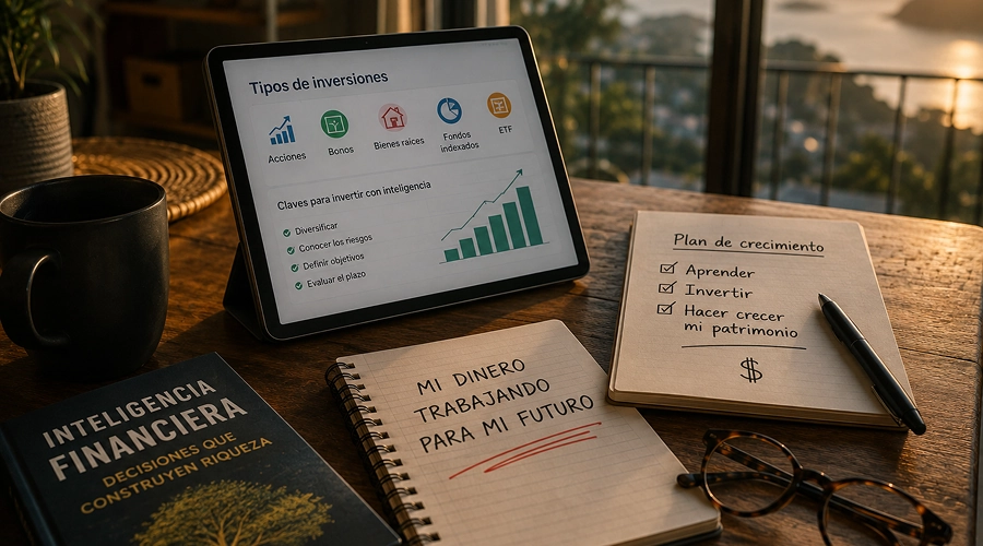 Tablet con información sobre tipos de inversiones y estrategias para hacer crecer el patrimonio, junto a un plan financiero personal.