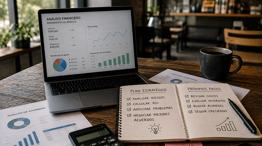Laptop con análisis financiero de un negocio y cuadernos con estrategias para evaluar riesgos, costos, inversiones y crecimiento empresarial.